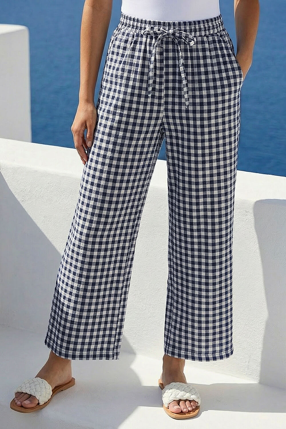 Navy Gingham Tie Waist Cropped Trouser , Image 3 of 4
