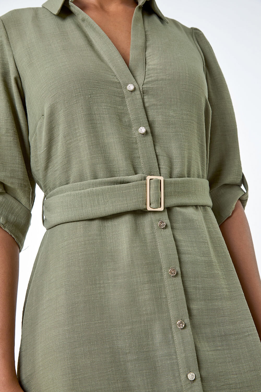 Khaki Short Belted Shirt Dress, Image 6 of 7