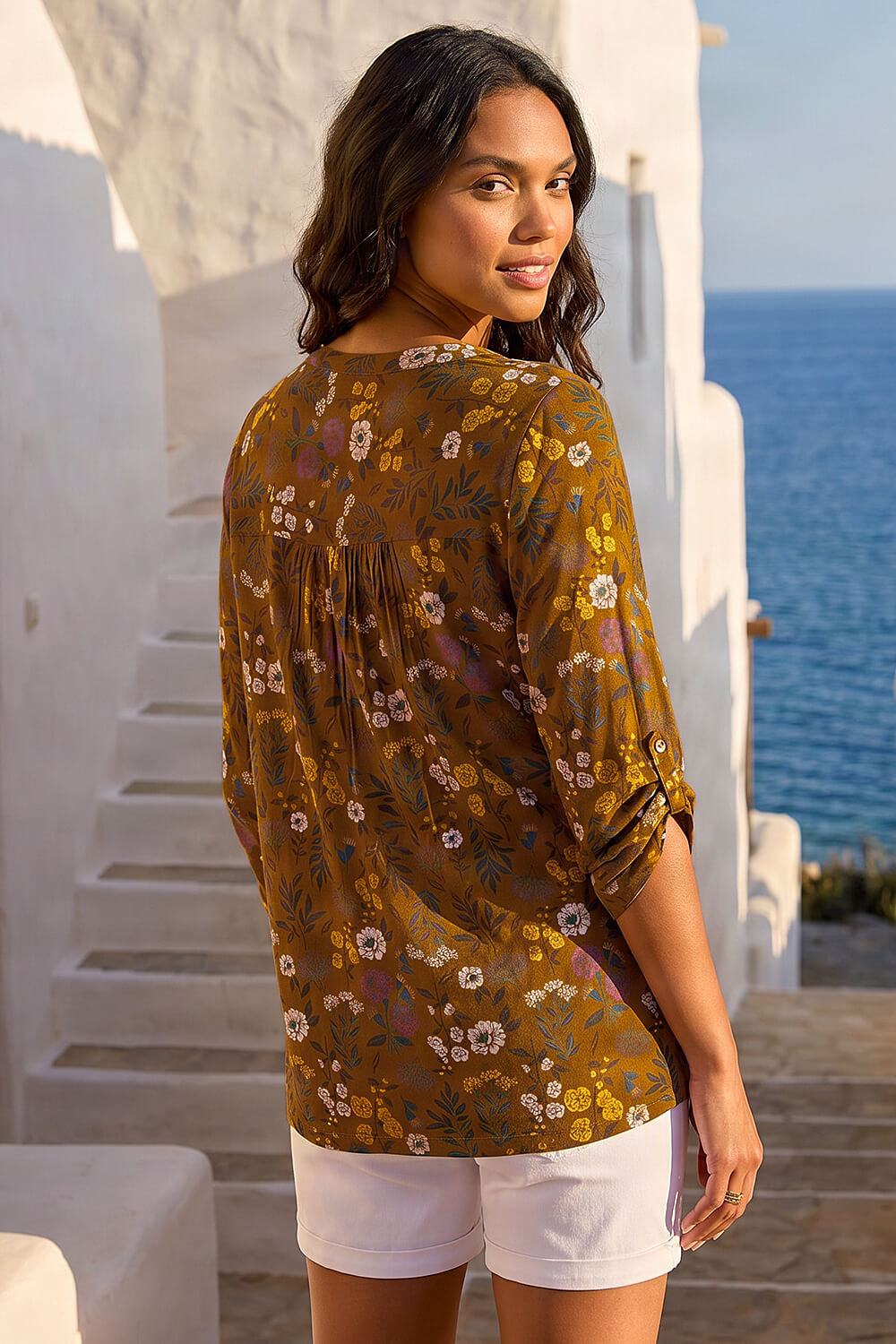 Ochre Textured Floral Pintuck Tunic Top | Roman UK
