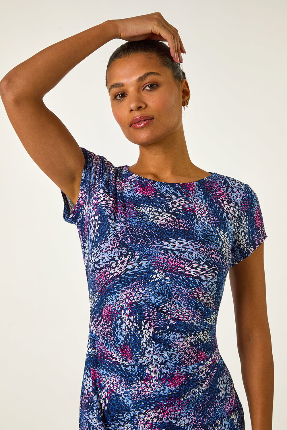 Navy  Abstract Print Gathered Shift Dress, Image 5 of 5
