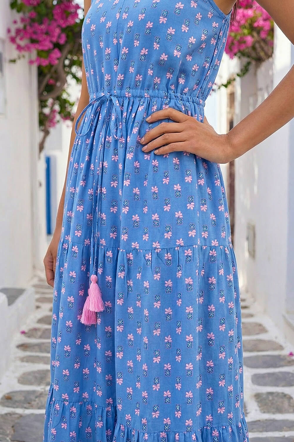 Blue Petite Abstract Print Strappy Maxi Dress, Image 5 of 4