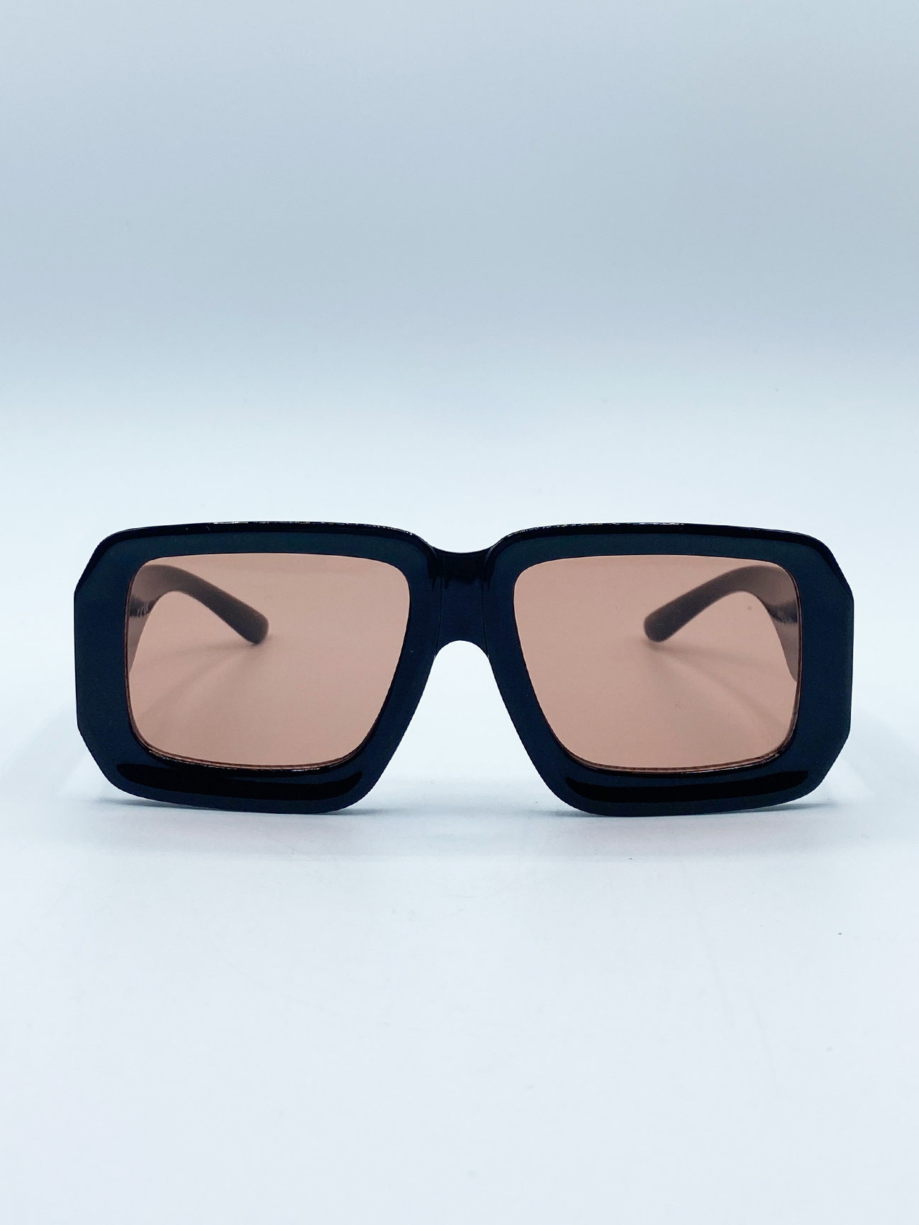 Black Oversized Square Frame Sunglasses In Black with Orange Lenses, Image 2 of 6