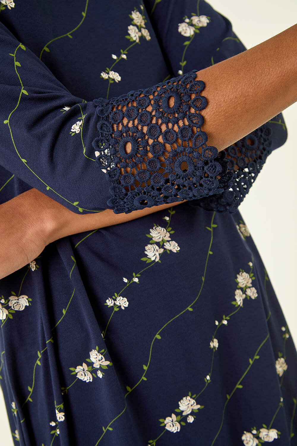 Navy Printed Lace Cuff Stretch Top, Image 6 of 5