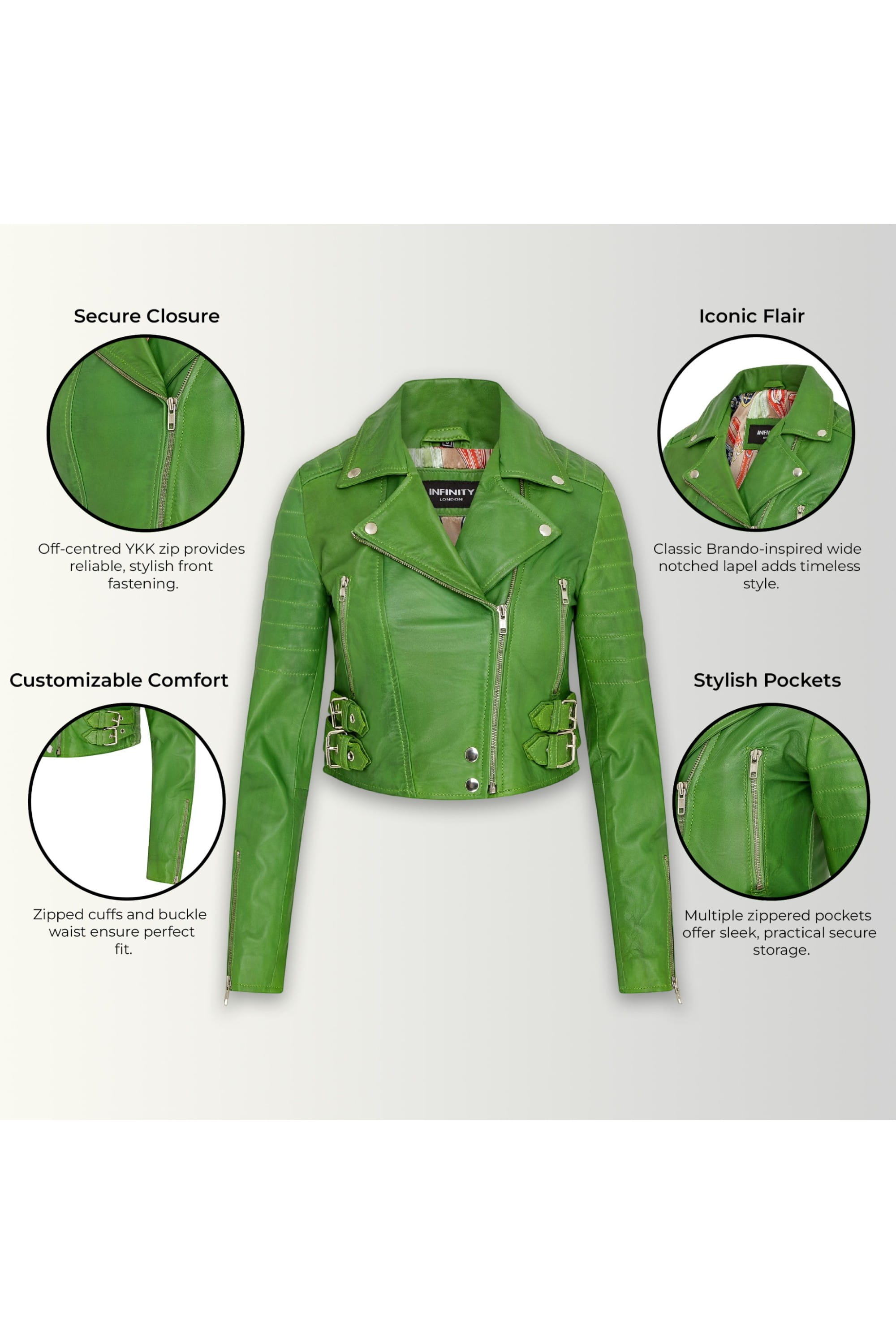 Green Cropped Brando Leather Biker Jacket, Image 3 of 6