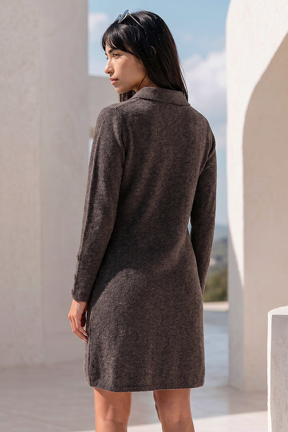 Chocolate Petite Button Collar Knit Dress, Image 4 of 4