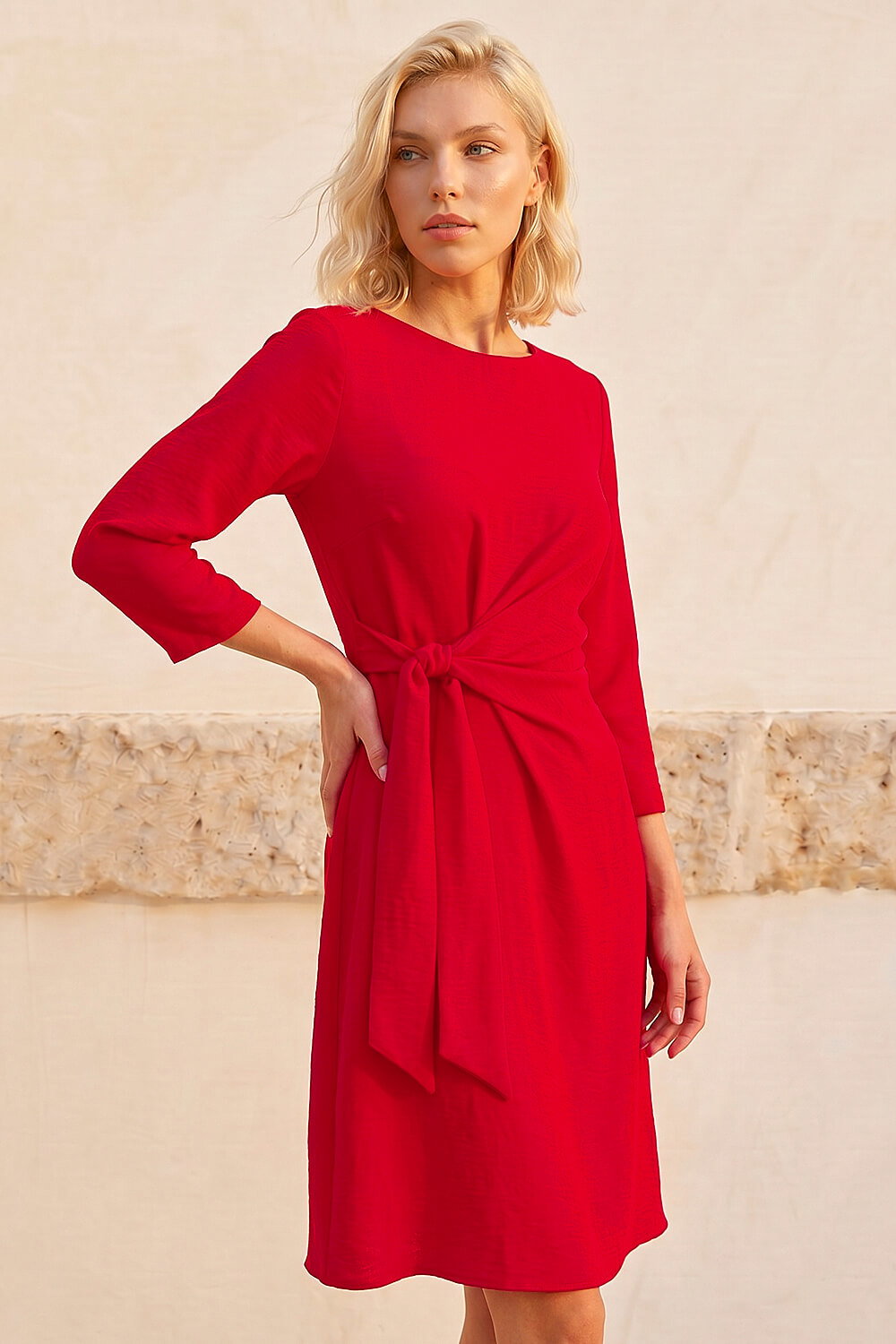 Red Petite Tie Waist Front Dress , Image 3 of 4
