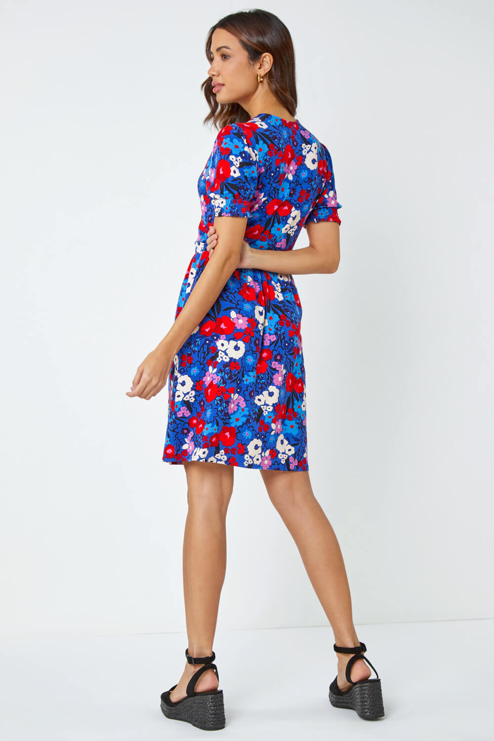 Blue Floral Frill Sleeve Wrap Dress , Image 4 of 5