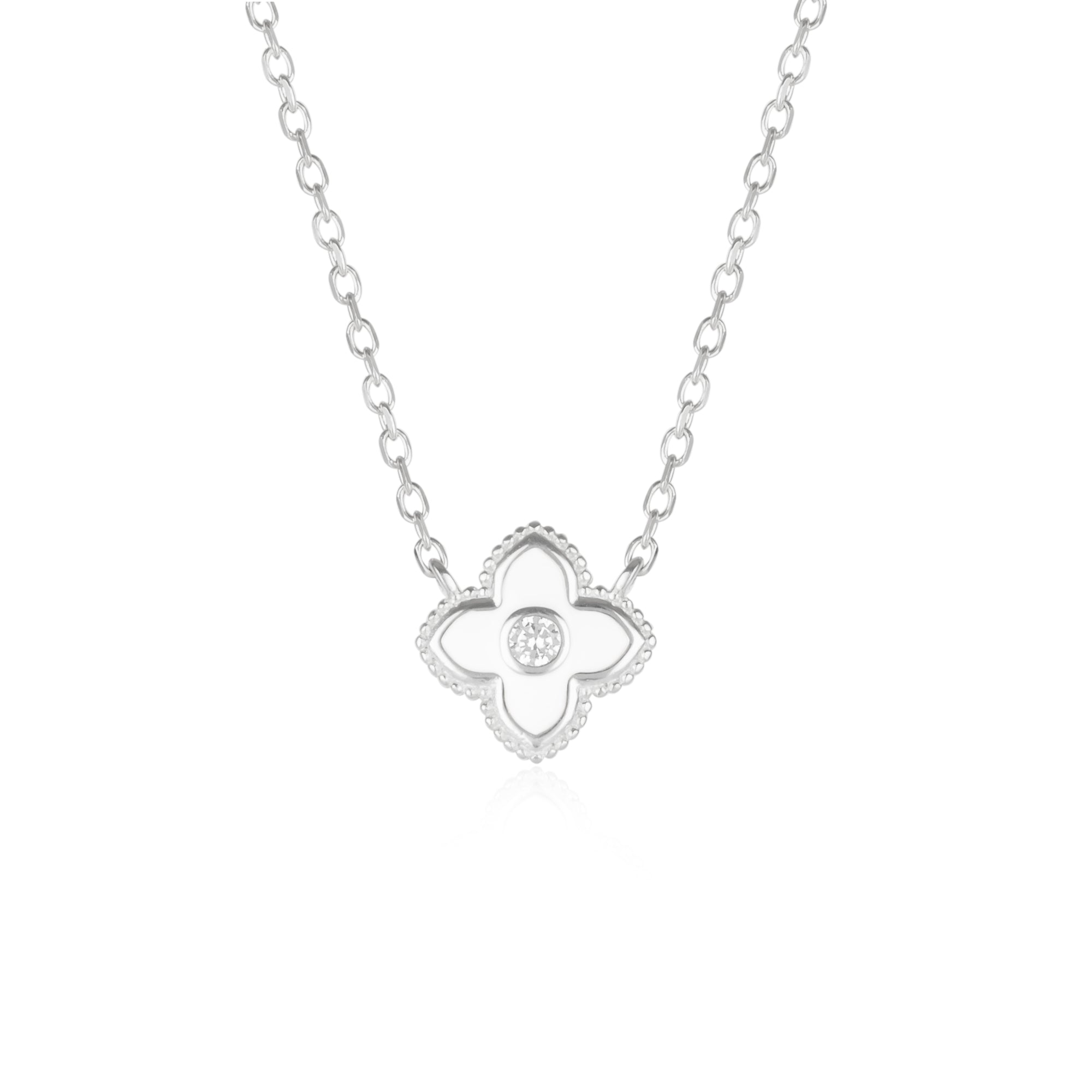 Silver White Enamel Four Leaf Clover Necklace With Gemstone in Sterling Silver, Image 1 of 3