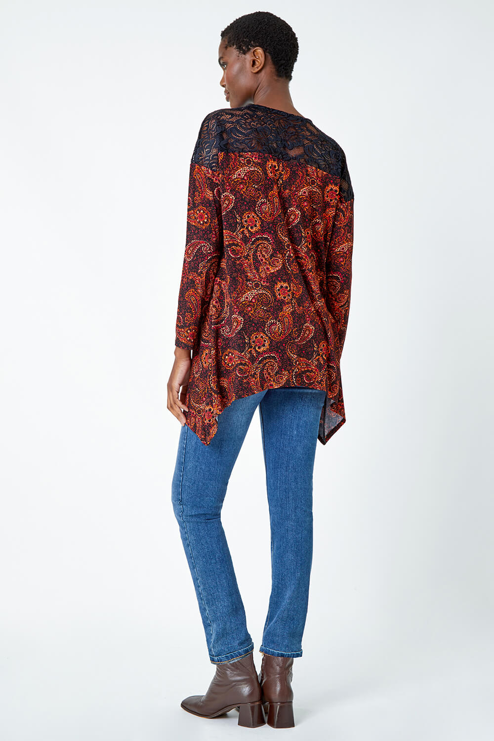Red Lace Detail Paisley Print Stretch Top , Image 4 of 5