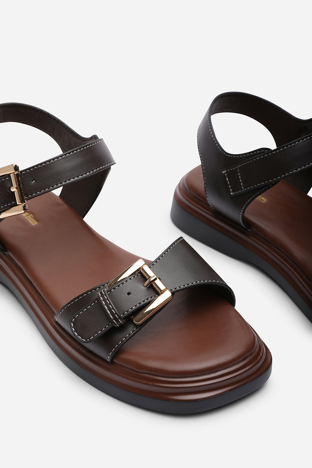 Dark Brown Where's That From Dark Brown Circa Flatform Double Buckle Black Sandal, Image 5 of 6