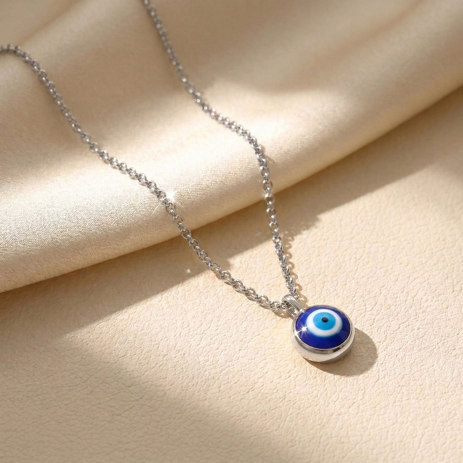 Blue Turkish Evil Eye Sterling Silver Pendant Charm Necklace