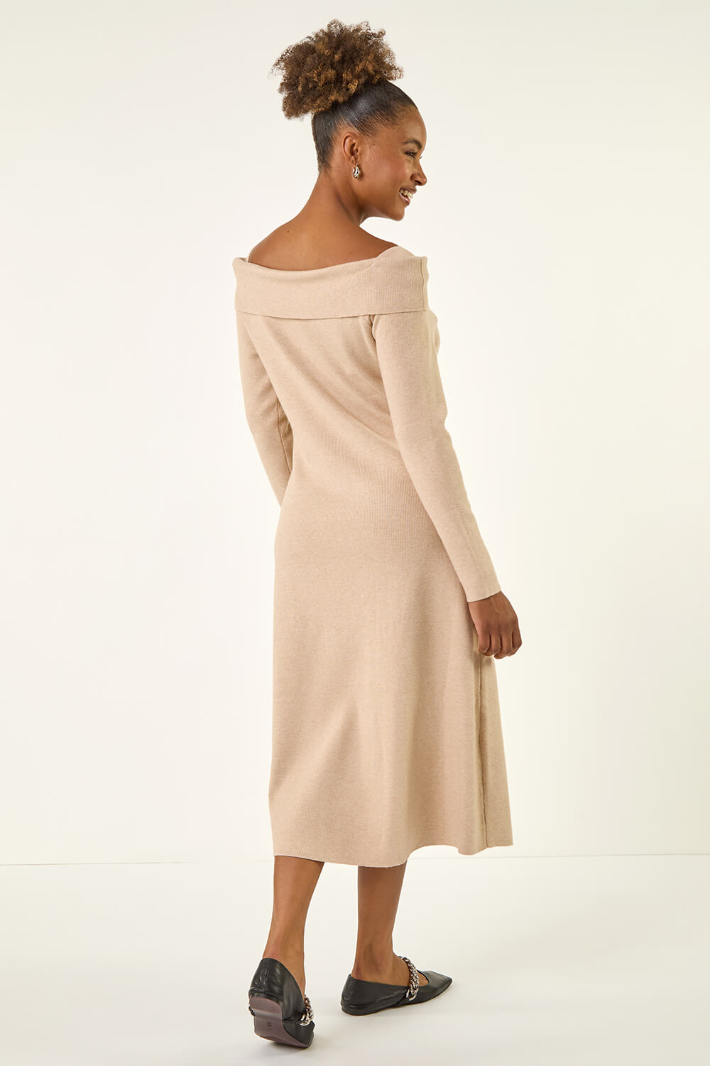 Beige Floral Bardot Knit Midi Dress, Image 4 of 5