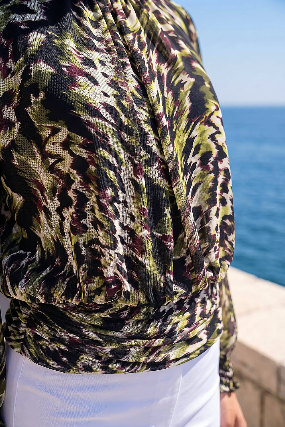 Green Petite Mesh Blouson Top, Image 5 of 4