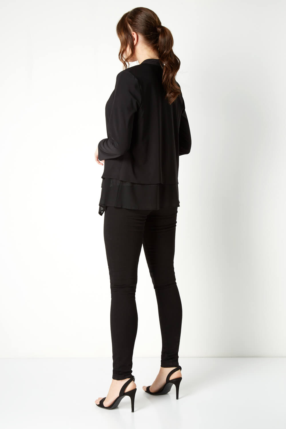 Black Chiffon Hem Waterfall Cardigan, Image 3 of 4