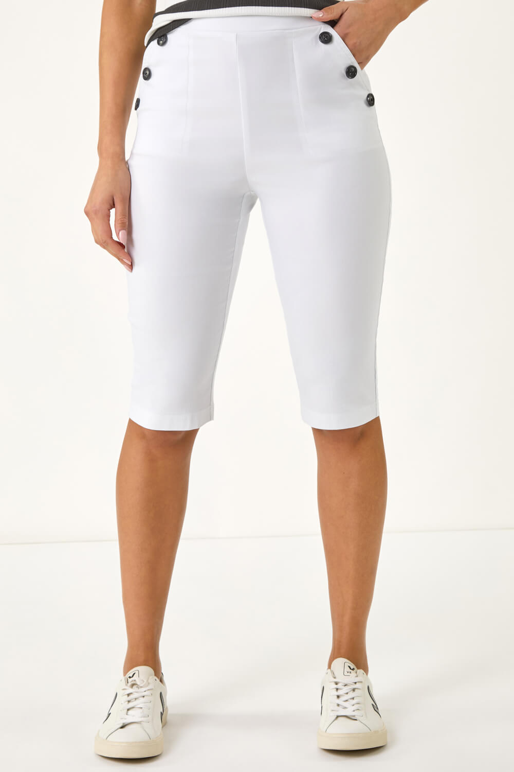 White Buttoned Pocket Cropped Shorts, Image 5 of 5