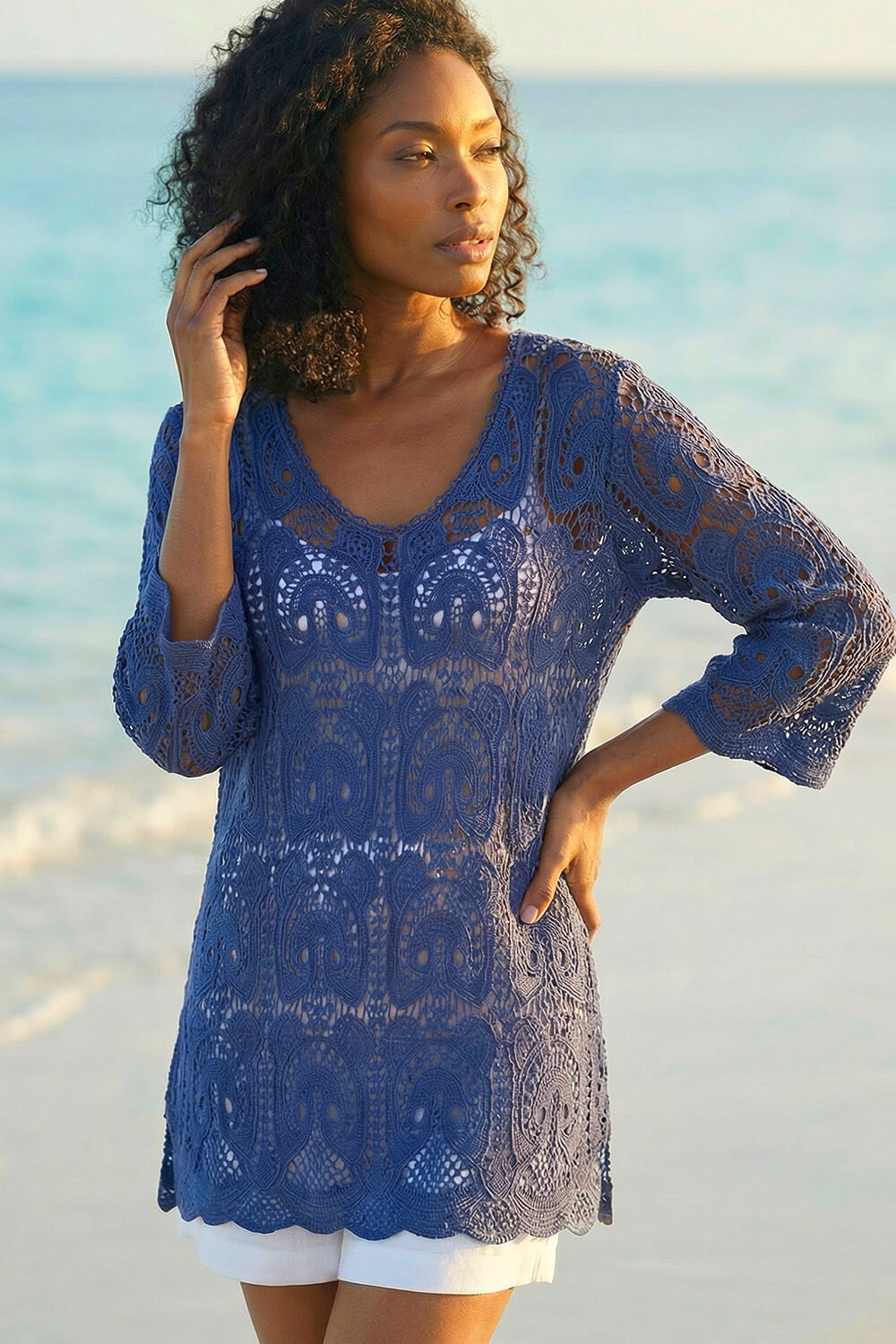 Navy Cotton Crochet Tunic Top, Image 3 of 4