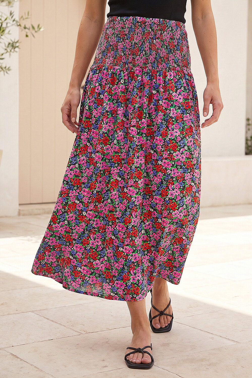 Red Petite Floral Print Shirred Midi Skirt, Image 1 of 5