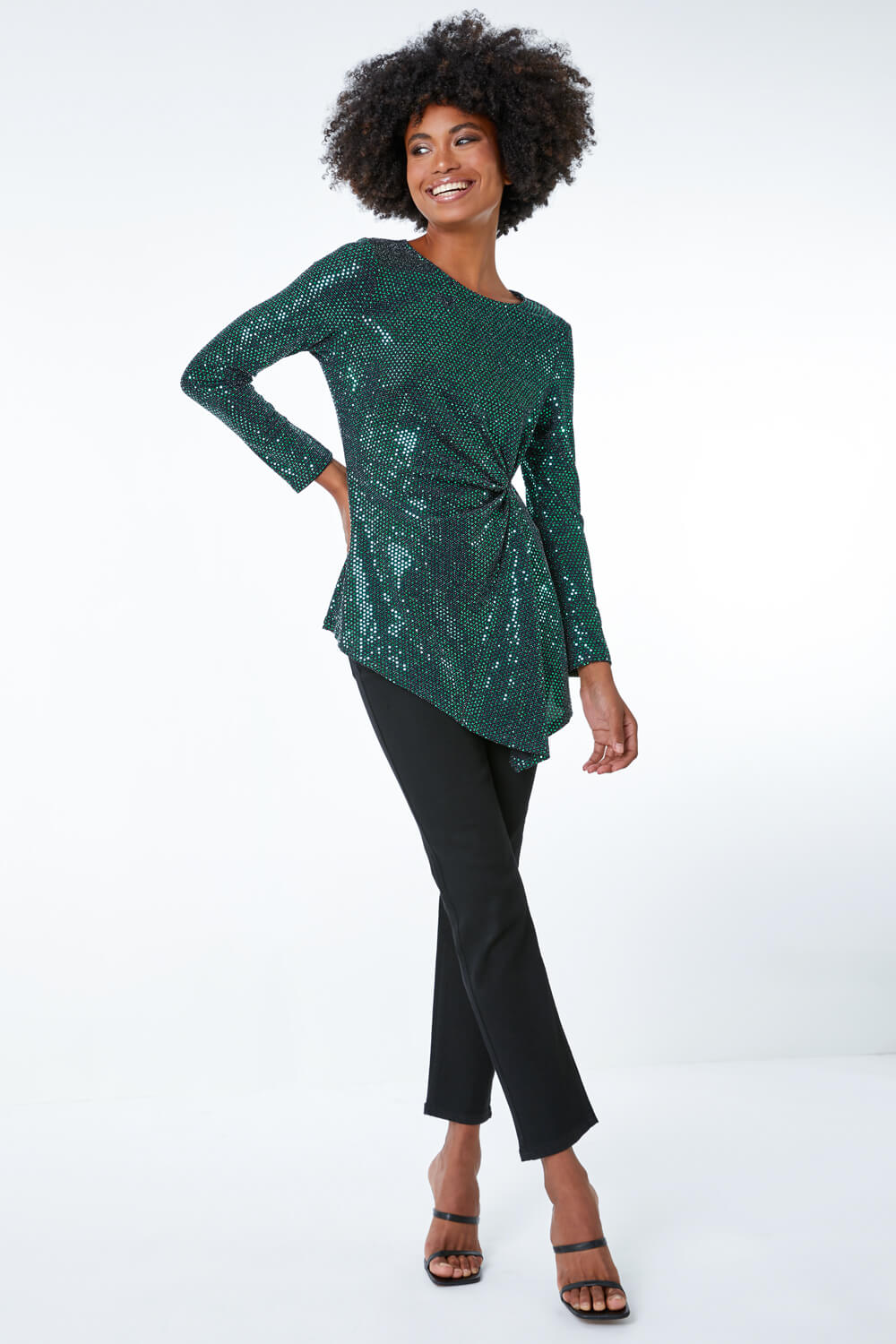 Green Sequin Ruched Waist Jersey Top, Image 5 of 5