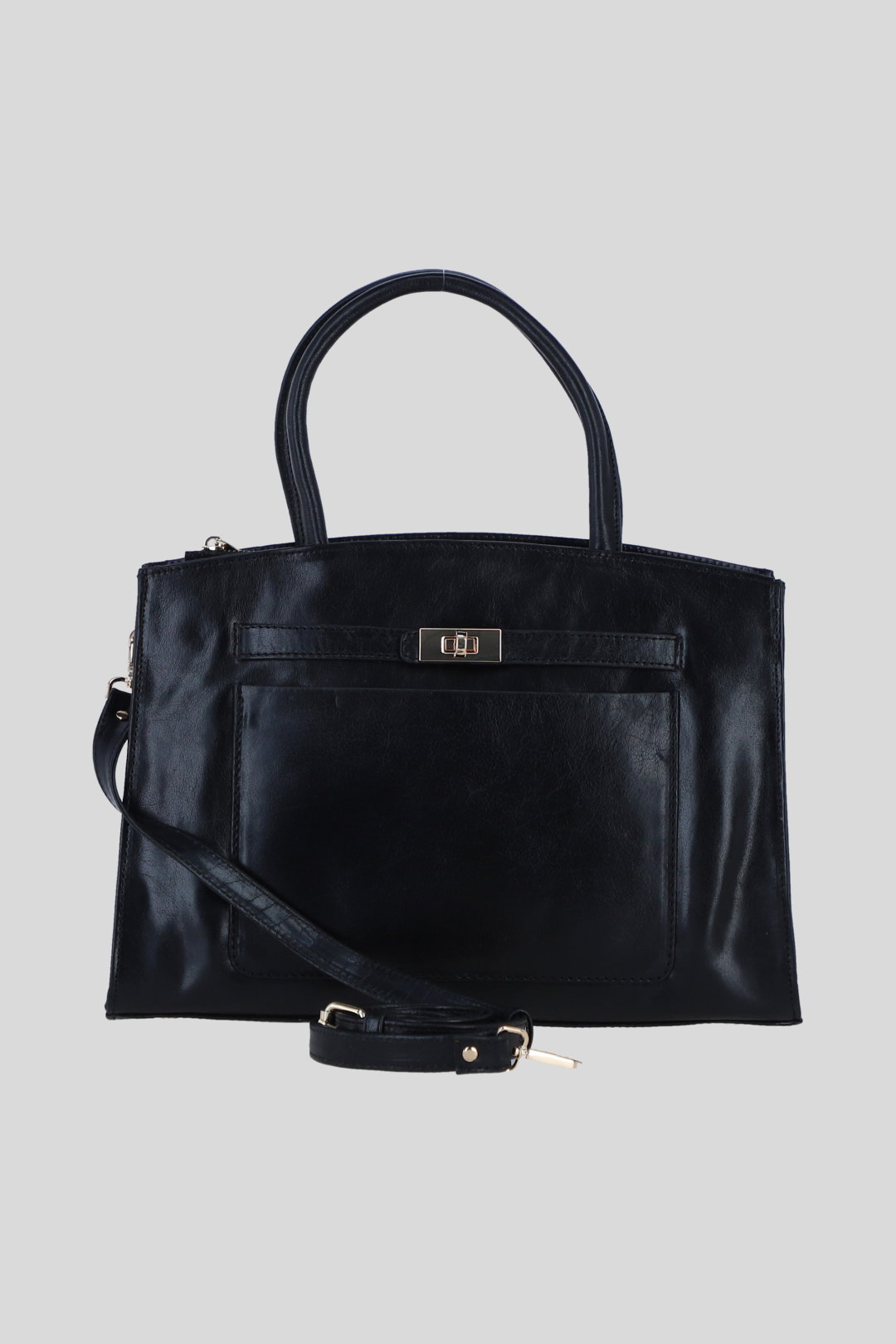 Black Real Leather Structured Handbag with Detachable Strap, Image 1 of 4