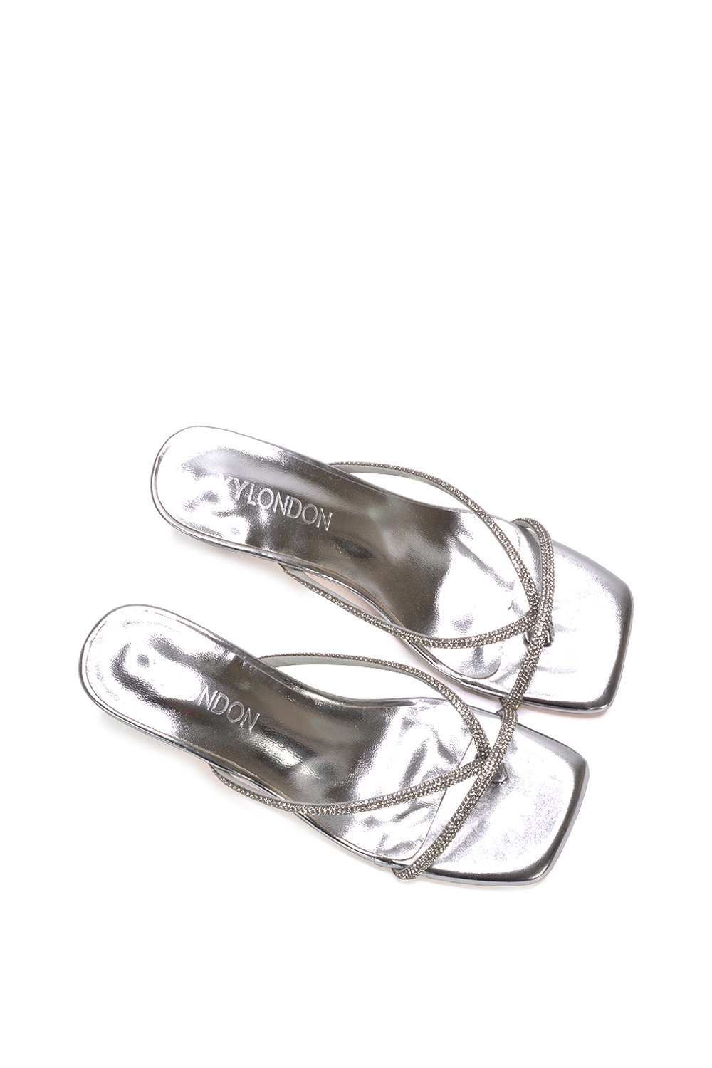 Silver XY LONDON Silver 'Megan' Toe Post Heeled Mules With Crystal Details, Image 5 of 6