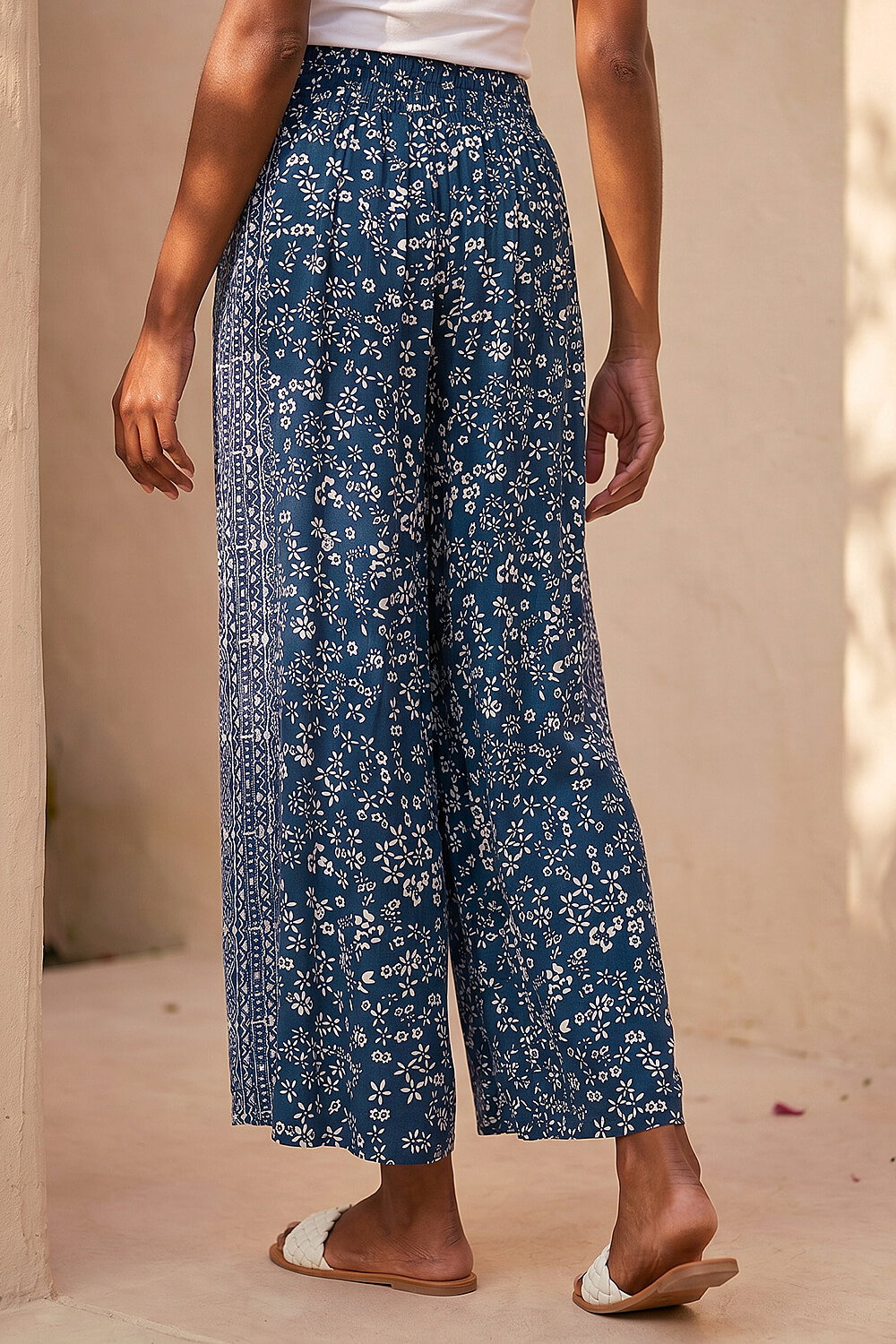 Navy Floral Print Wide Leg Culottes, Image 4 of 4