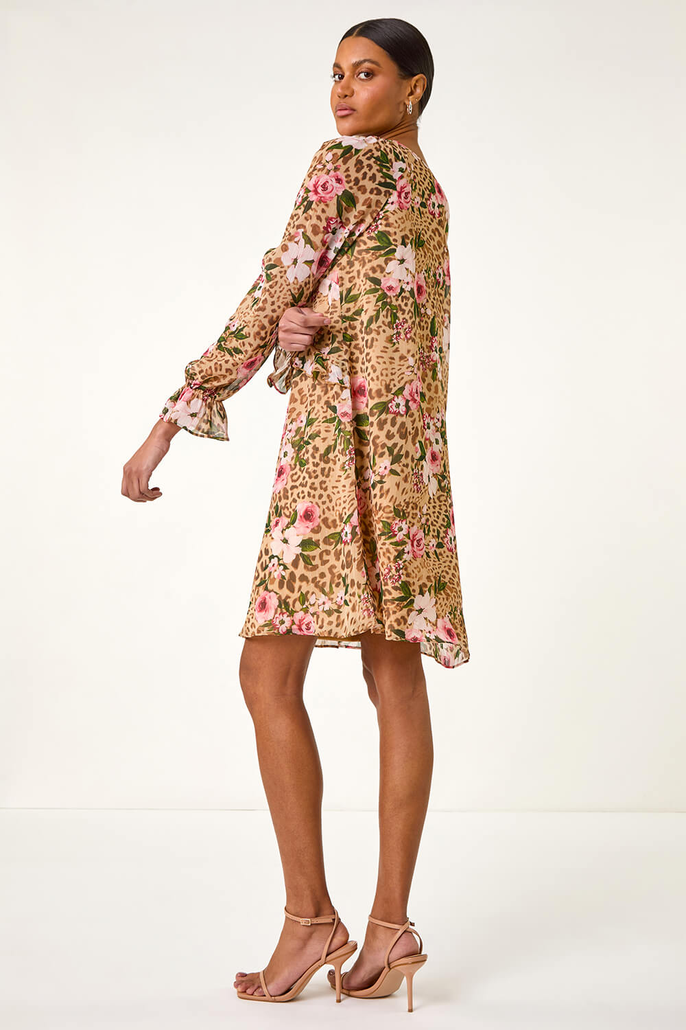 Roman Women's Neutral Floral Animal Print Frill A-Line Dress Size 18