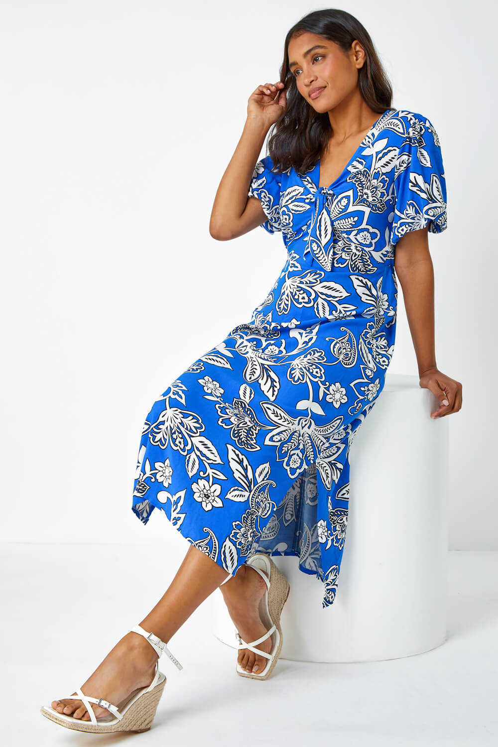 Royal Blue Bold Floral Stretch Midi Dress, Image 1 of 5