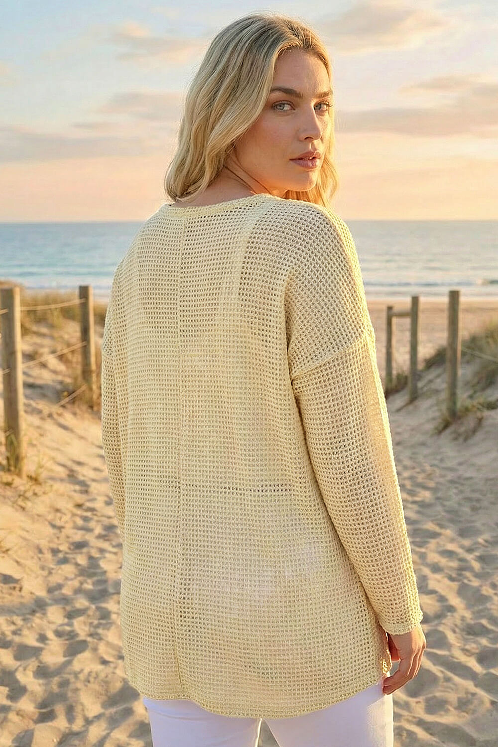 Cream Curve Textured Knit V-Neck Tunic, Image 4 of 4