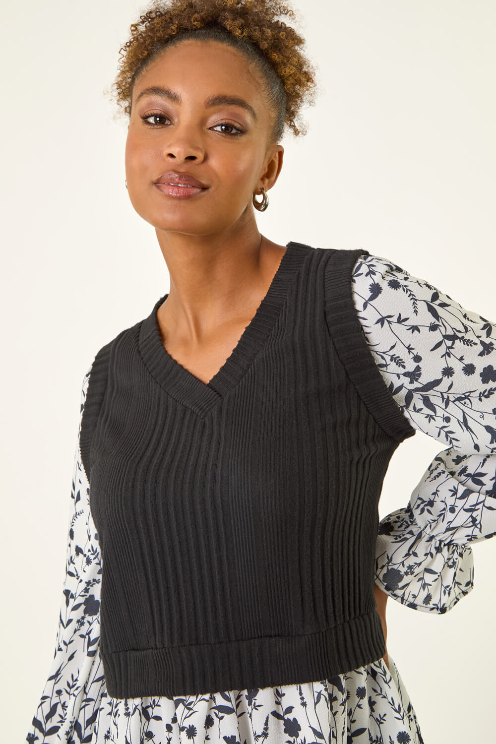 Black Floral Mock Shirt Jumper, Image 1 of 5