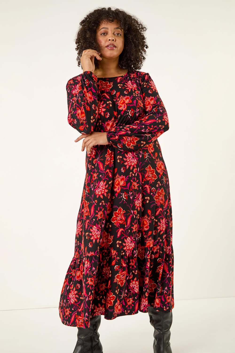 Red Curve Floral Print Stretch Dress, Image 5 of 5