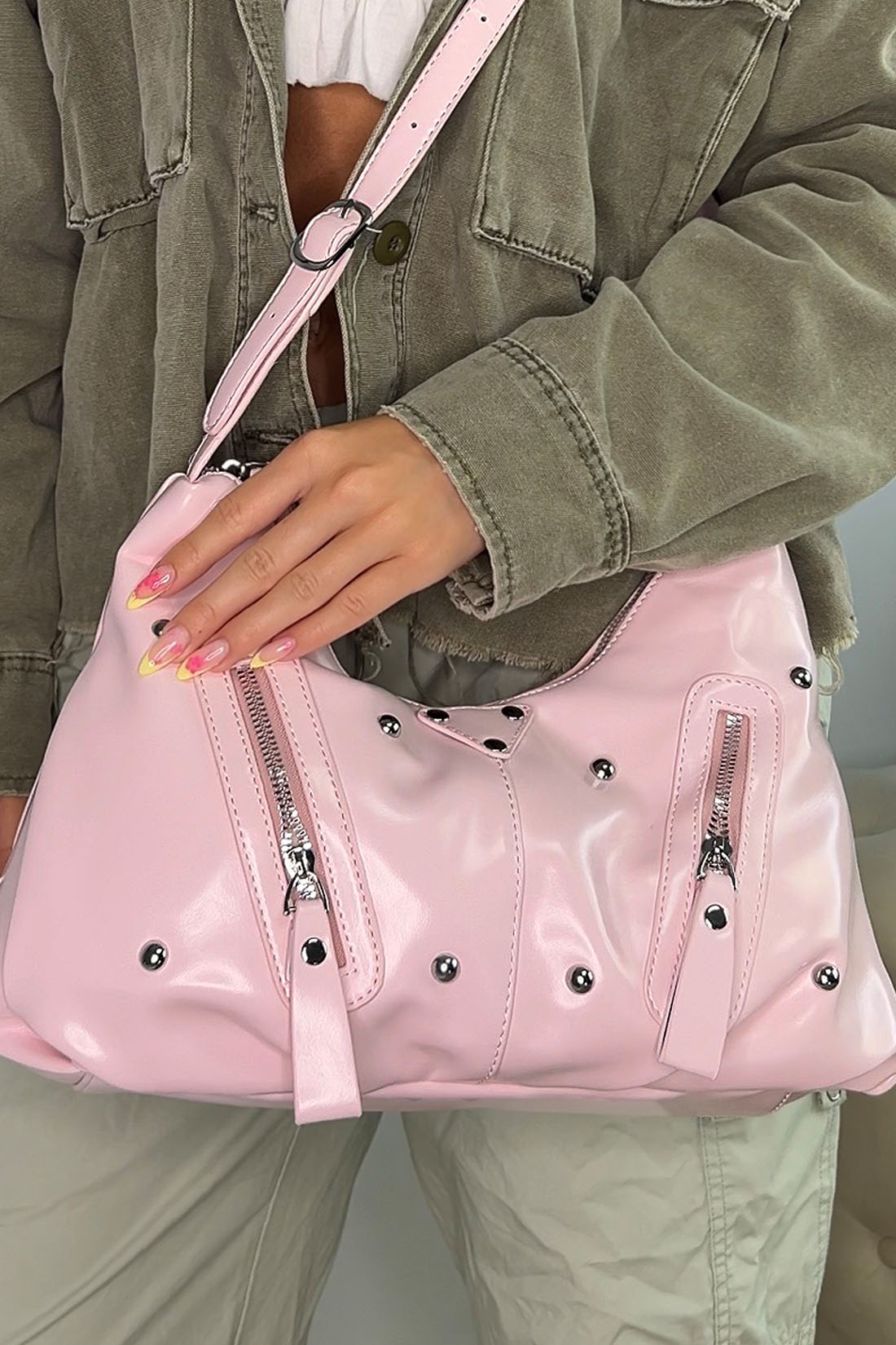 Pink Large Shoulder Bag With Zips And Studs, Image 3 of 4