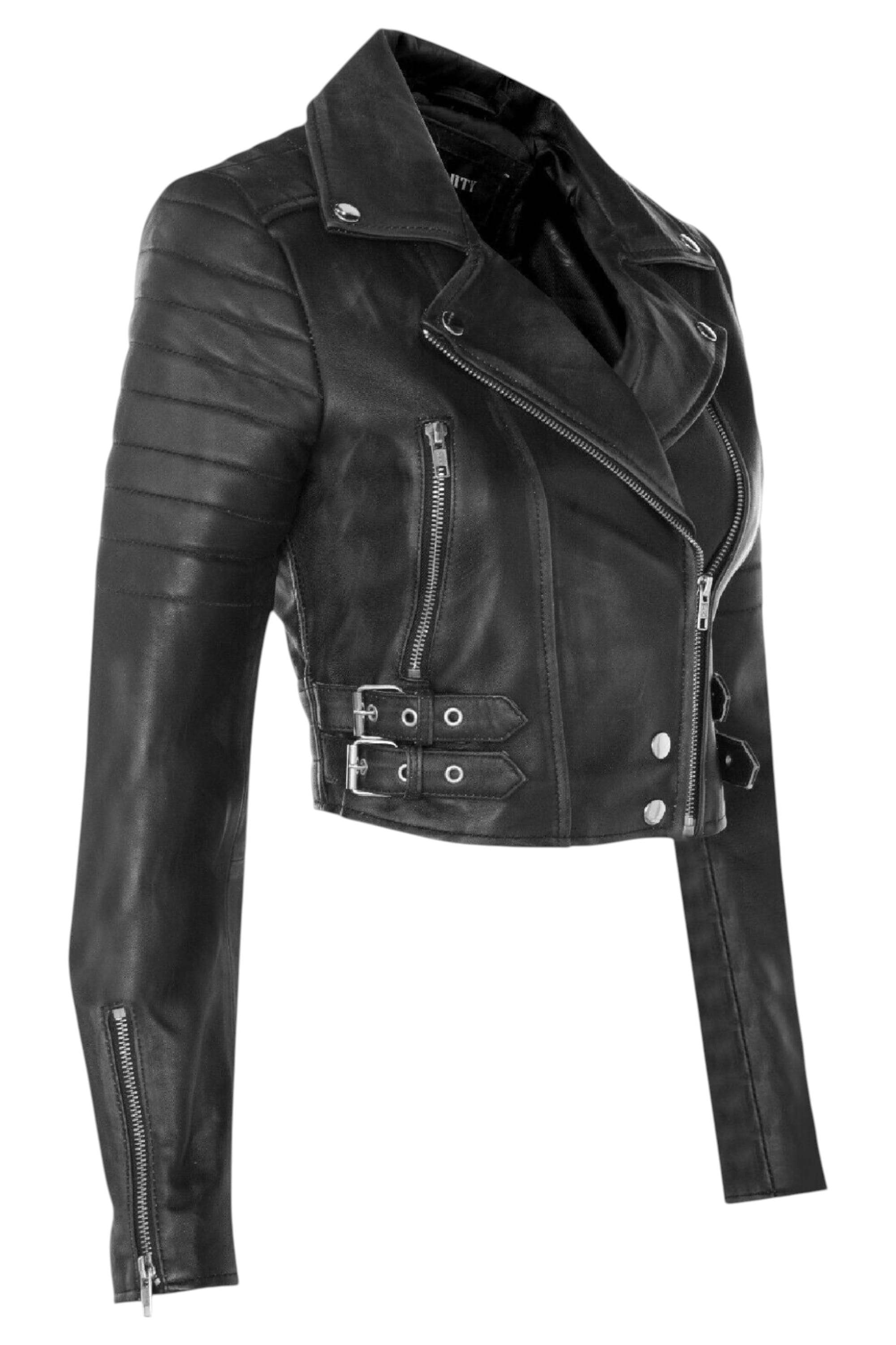 Black Cropped Brando Leather Biker Jacket, Image 4 of 7