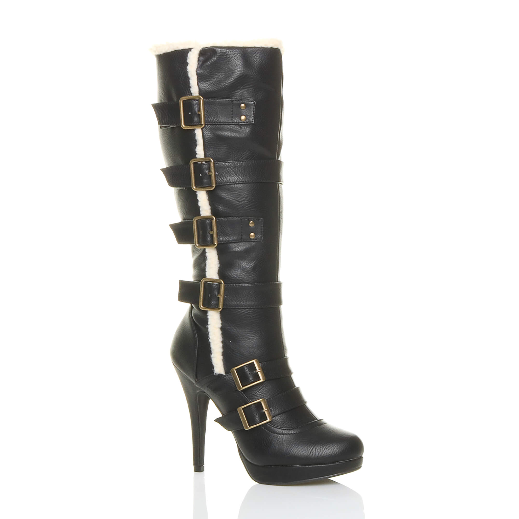 Black High Heel Aviator Shearling Trim Platform Calf Boots