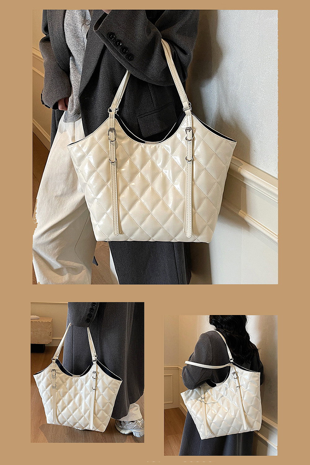 Black 'Magnolia' Women's Quilted Wet Look Tote Bag With Handle