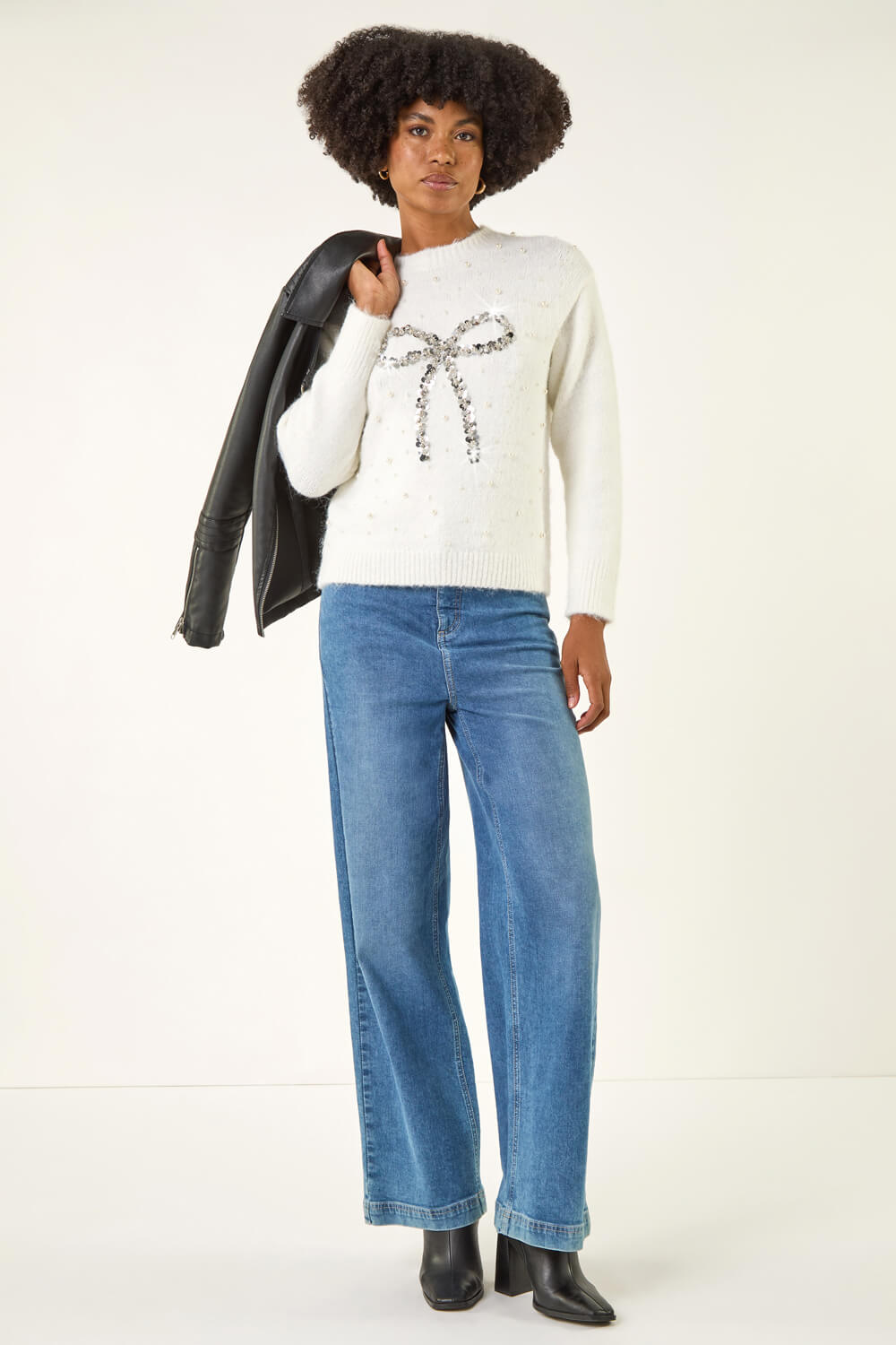 Ivory Embellished Bow Front Knit Jumper, Image 3 of 5