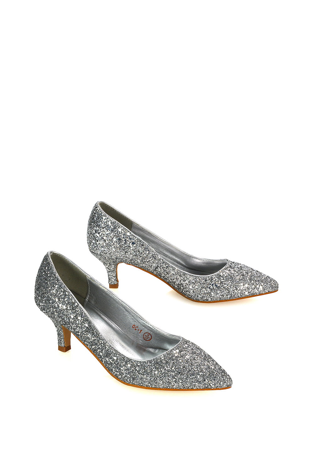 Silver XY LONDON Silver 'Gwyneth' Pointed Toe Mid Stiletto Kitten Heel Court Shoes, Image 4 of 4