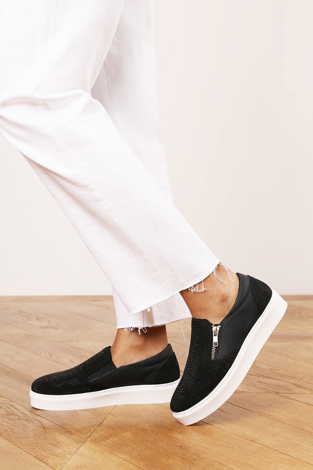 Black 'Galia' Zip Detail Trainer with Diamante Toe, Image 1 of 6