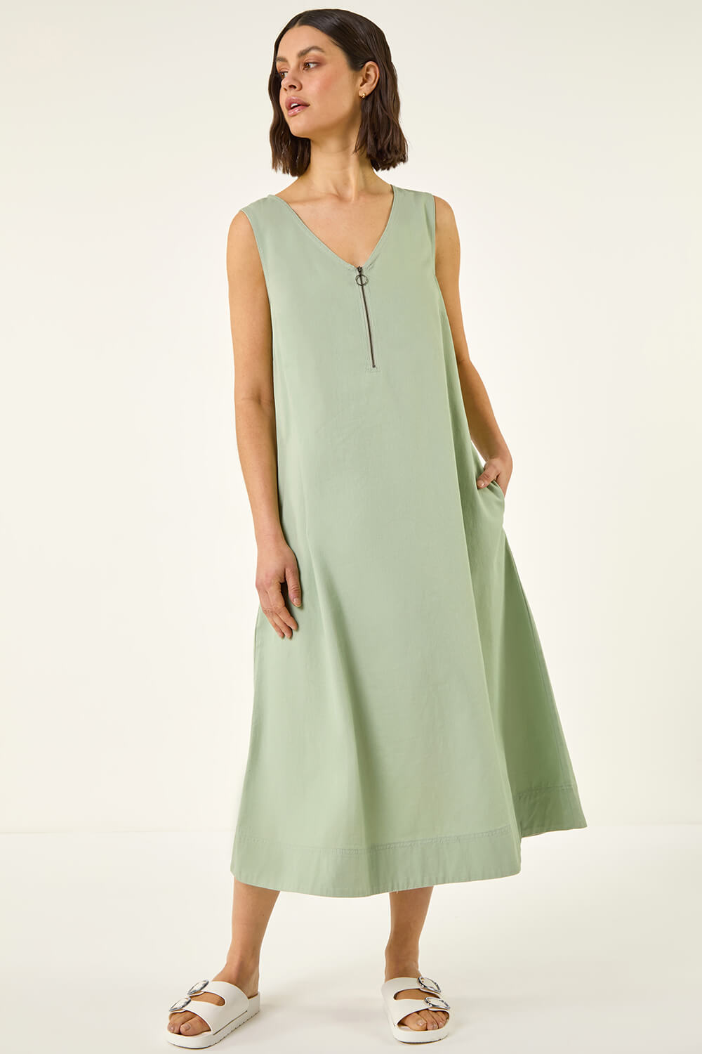 Roman Women's Sage Zip Front Sleeveless Midi Dress Size 20