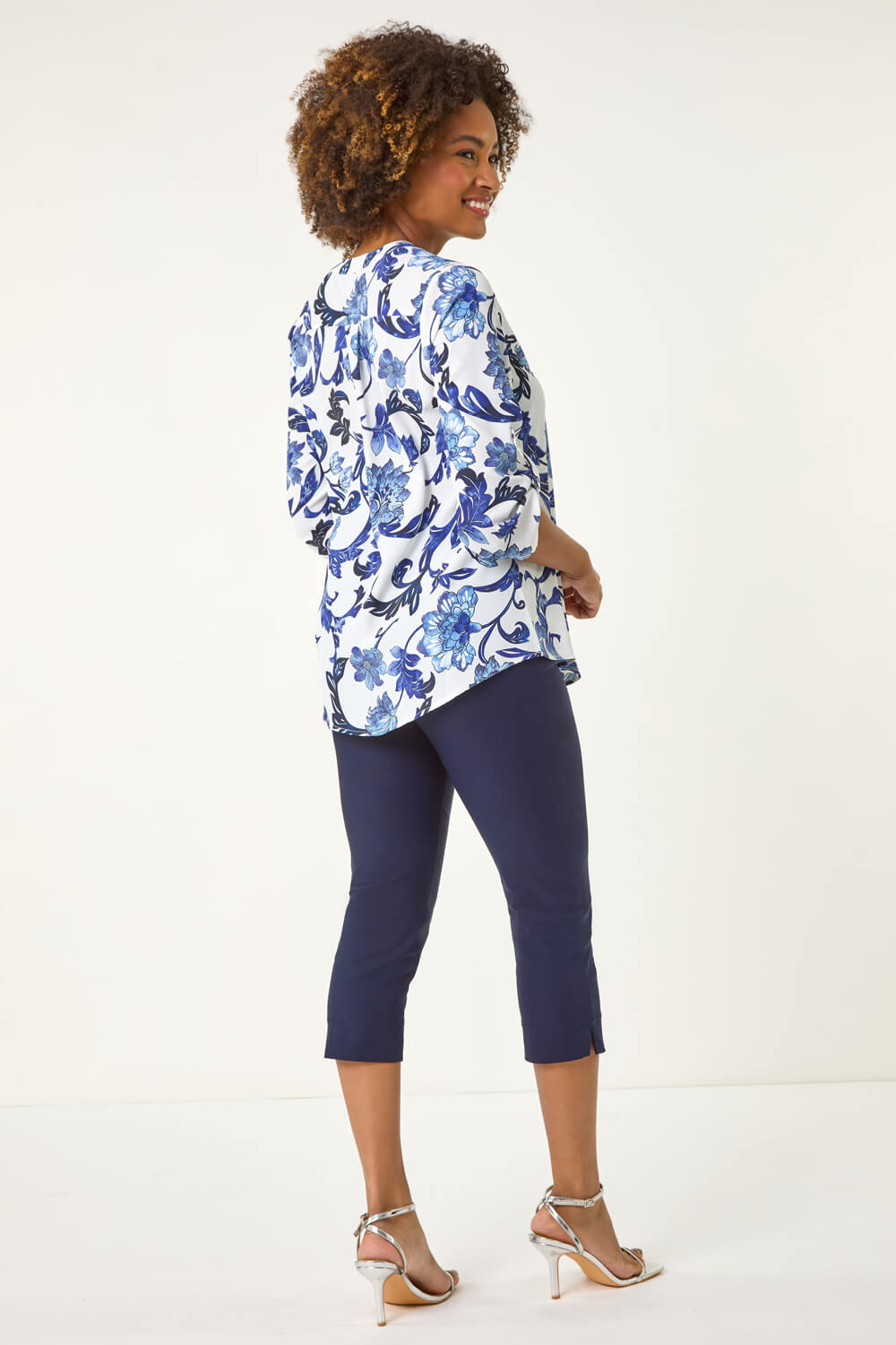 Blue Floral Print Gathered Blouse, Image 4 of 5