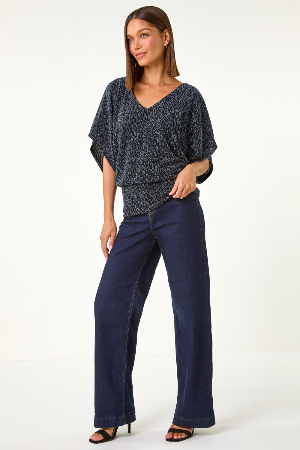 Midnight Blue Glitter Animal Print Banded Hem Stretch Top, Image 3 of 5