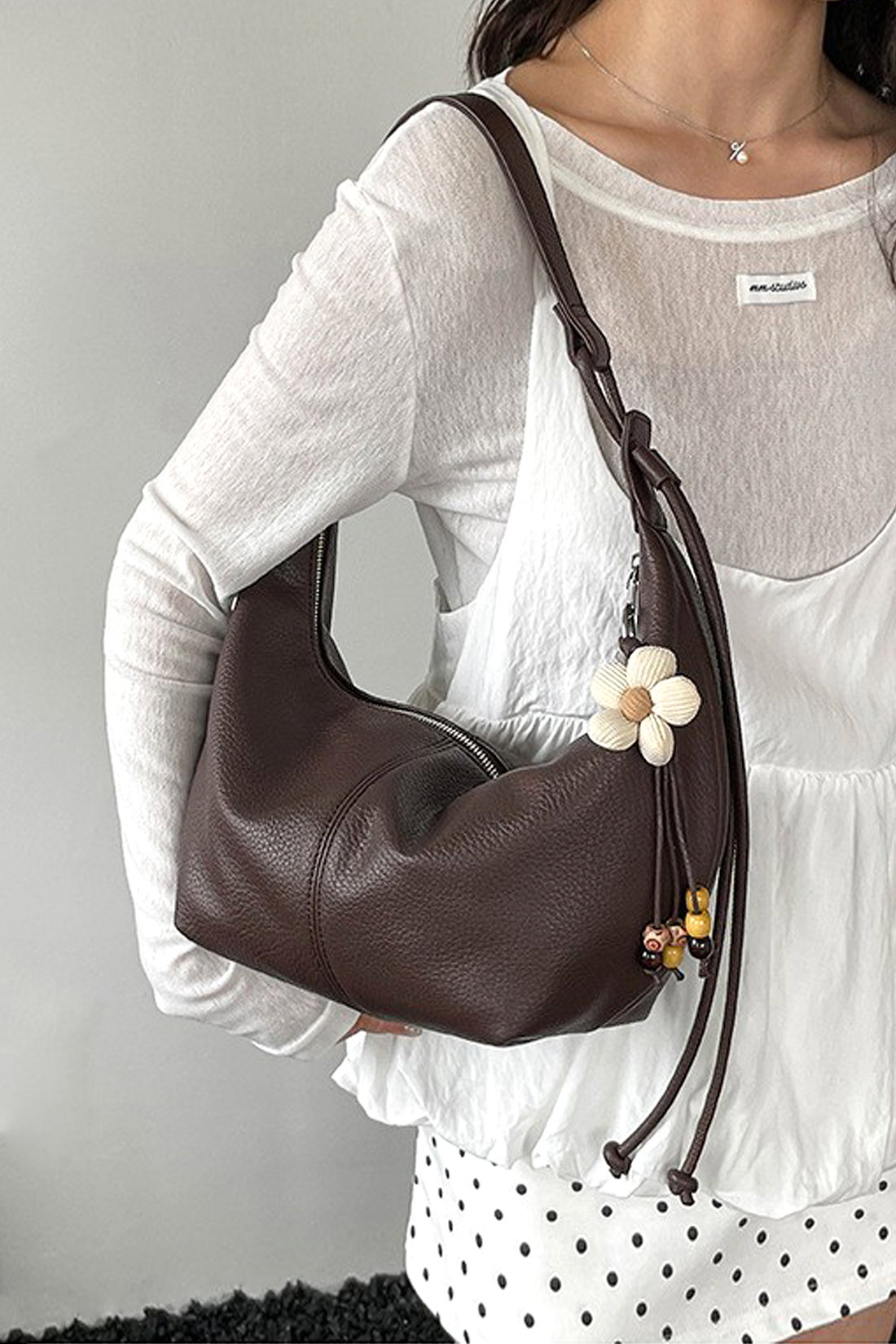 Brown Crescent Shoulder Bag With Flower Charm, Image 2 of 3