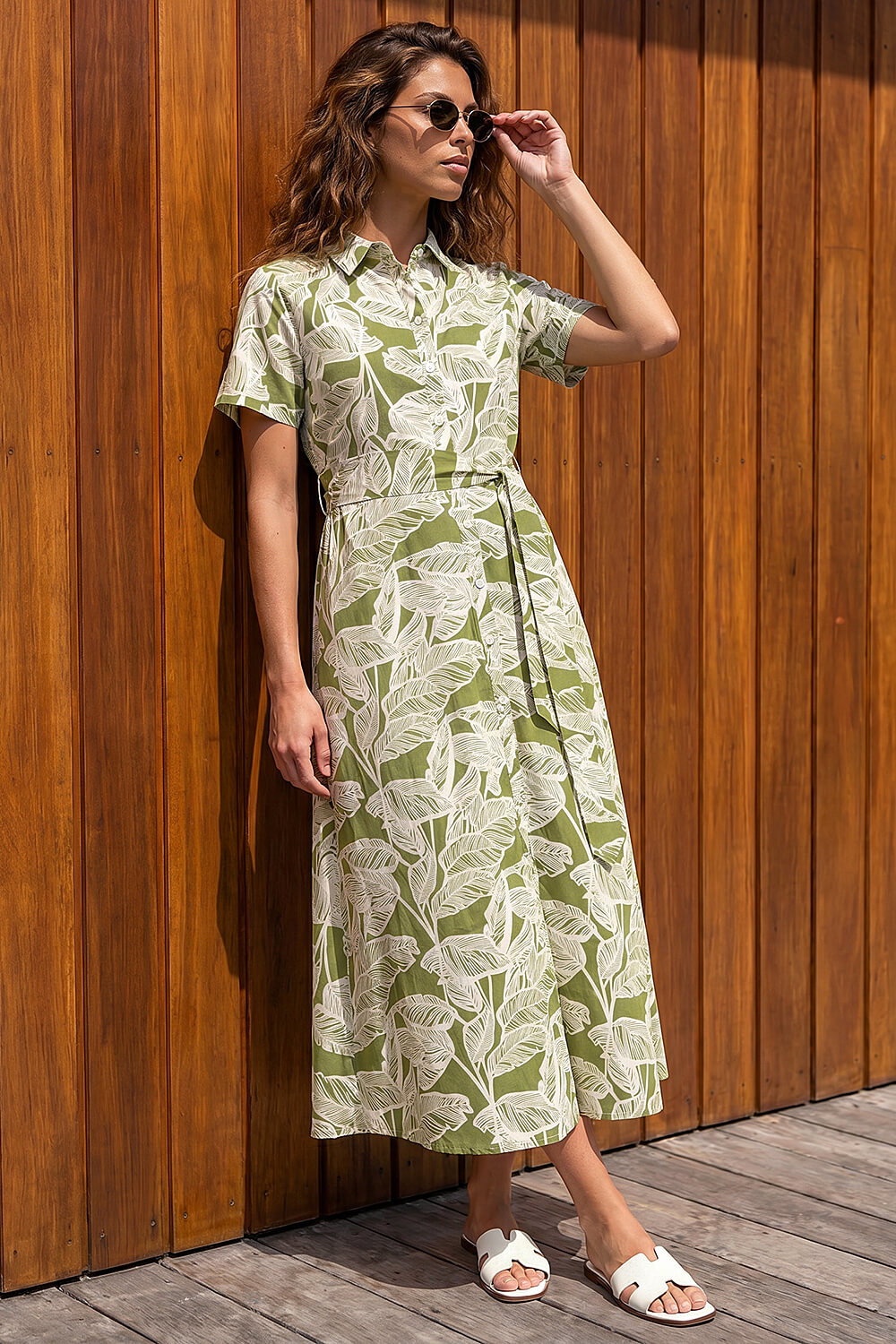 Green Leaf Print Belted Shirt Dress, Image 1 of 4