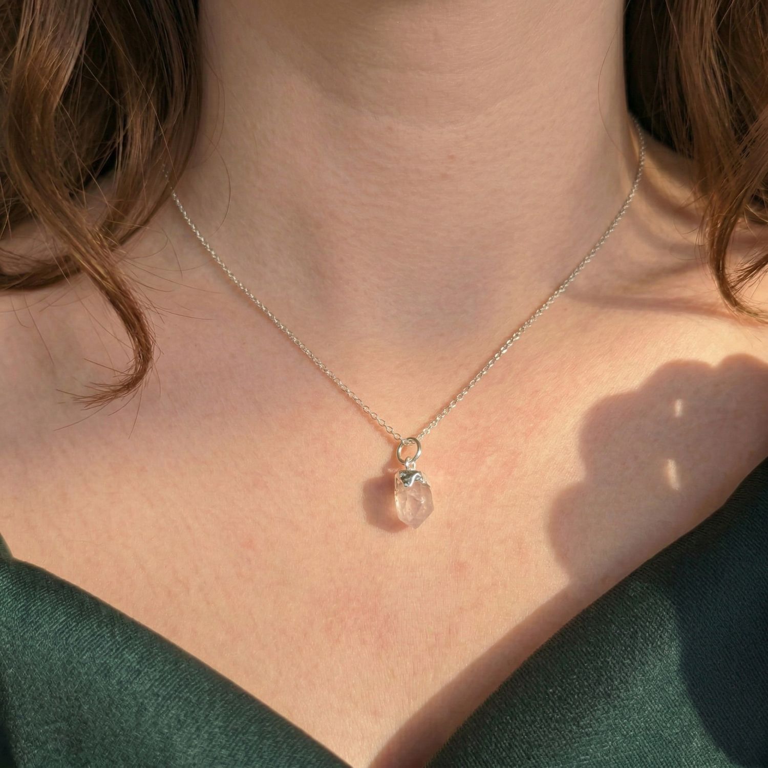 Silver Raw Rose Quartz October Birthstone Sterling Silver Necklace, Image 2 of 4