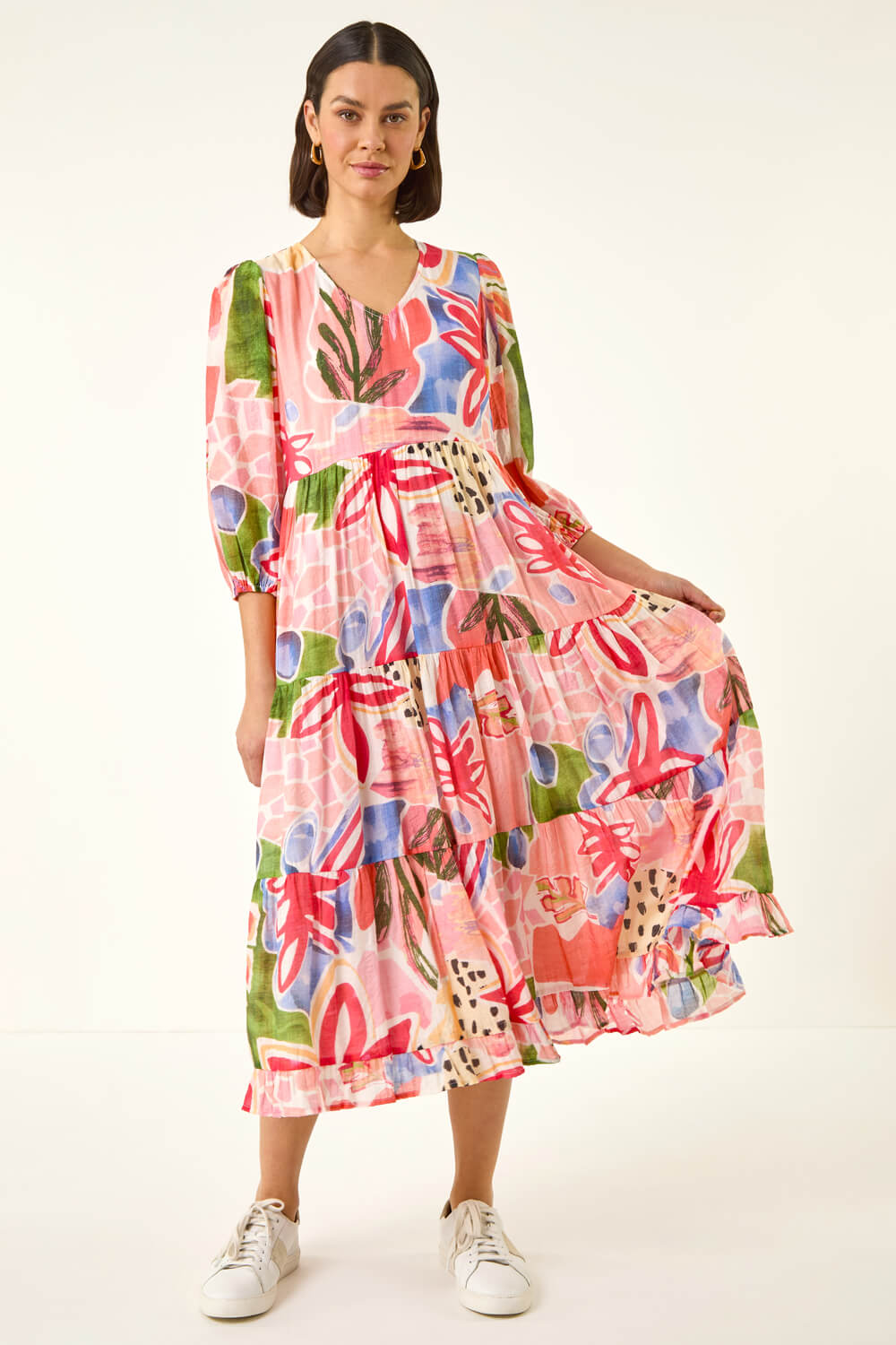 Red Abstract Print Tiered Dress, Image 1 of 5