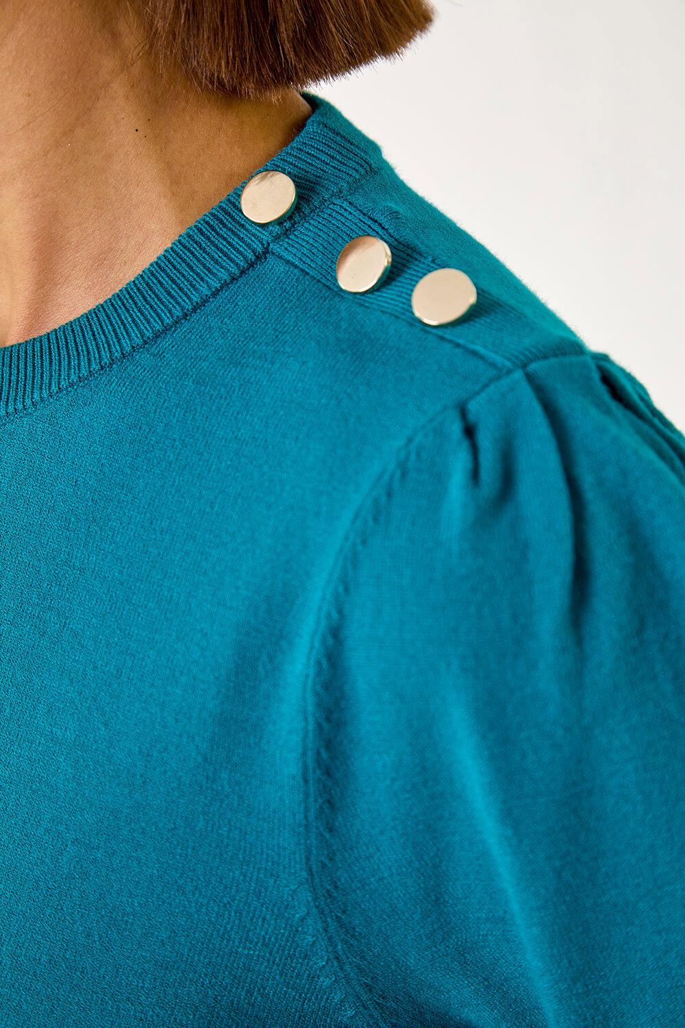Teal Puff Sleeve Buttoned Knit Top, Image 6 of 5