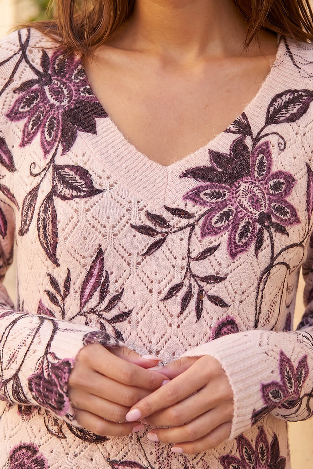 Light Pink V-Neck Floral Print Jumper, Image 5 of 4