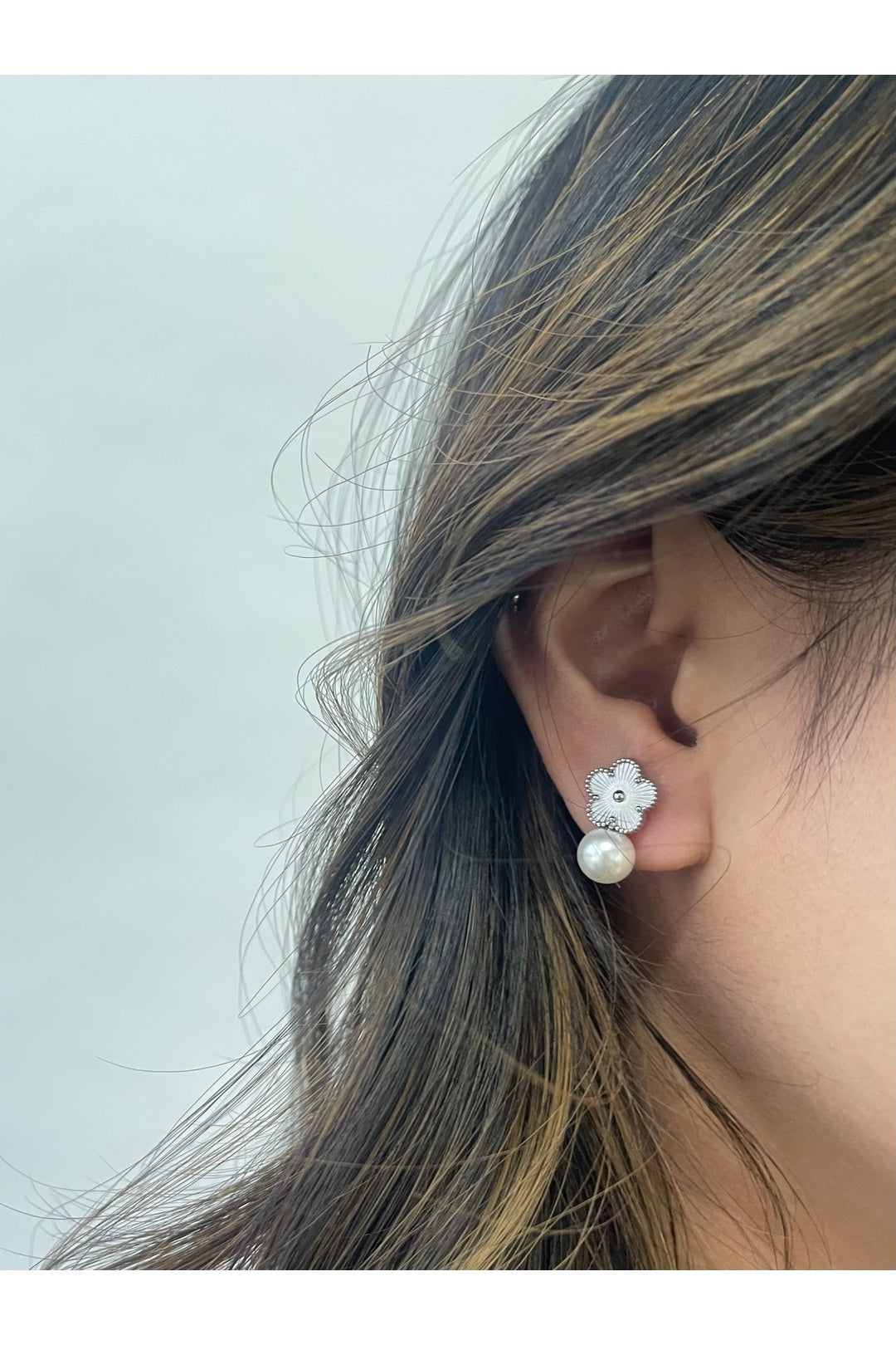 Silver Floral Pearl Stud Earrings in Silver, Image 3 of 4