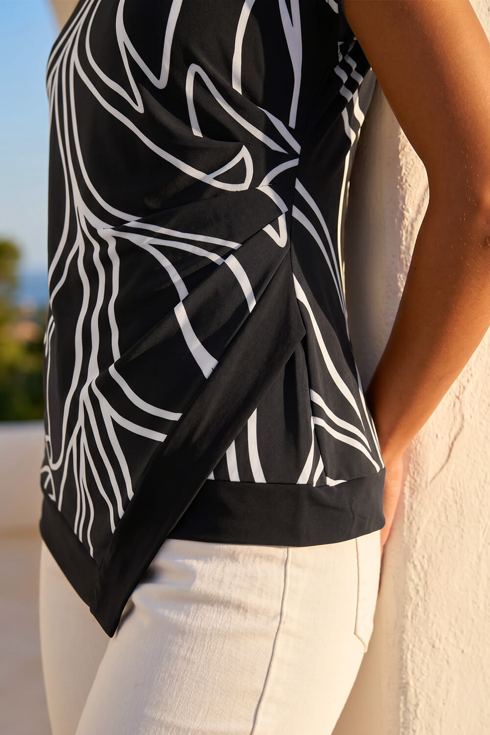 Black Floral Print Asymmetric Stretch Top, Image 5 of 4