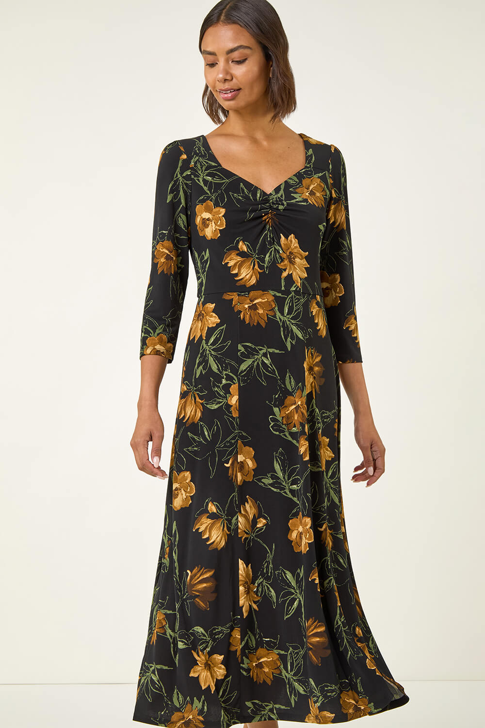 Yellow Floral Print Ruched Stretch Midi Dress, Image 5 of 5