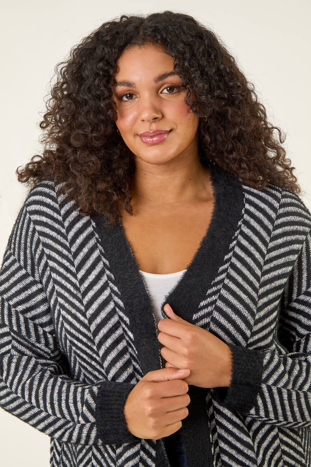 Black Curve Chevron Fluffy Knit Cardigan, Image 5 of 5
